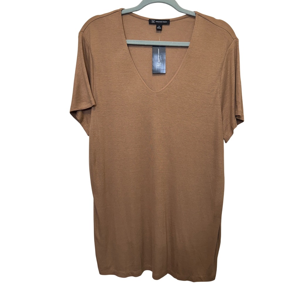 INC Womens Ribbed V-Neck Tee 2X Tan Ginger Crisp Short Sleeve Casual Minimalist
